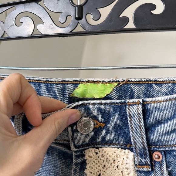 E Denim Mini Skirt Upcycled antique Lace Embellishments but EKA Erika Kelly - Picture 5 of 8